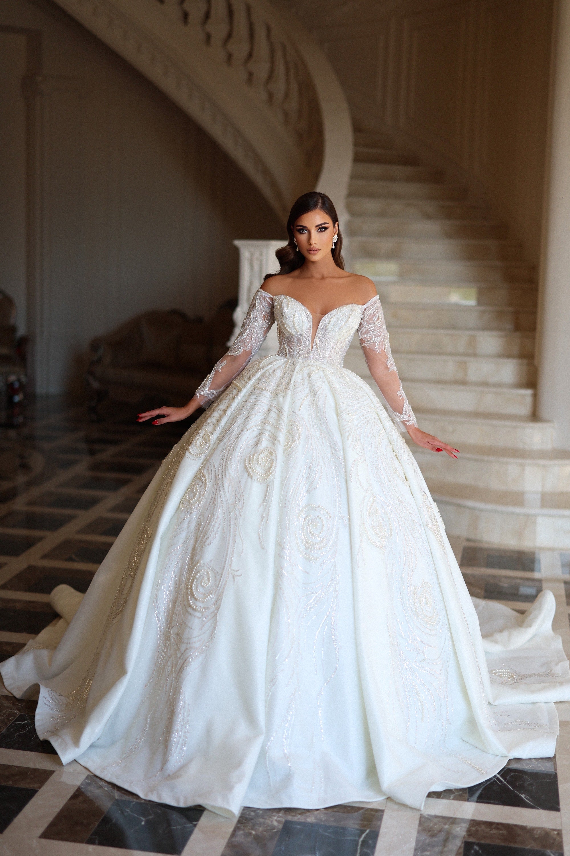 Off The Shoulder Long Sleeves Bridal Gown – Qëndresa