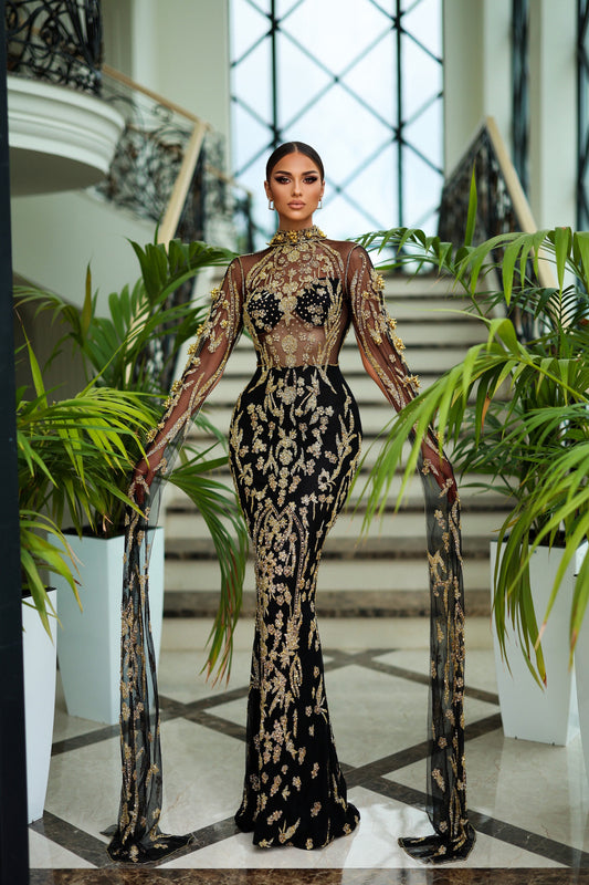 Luxury Black and Gold Color Evening Dress