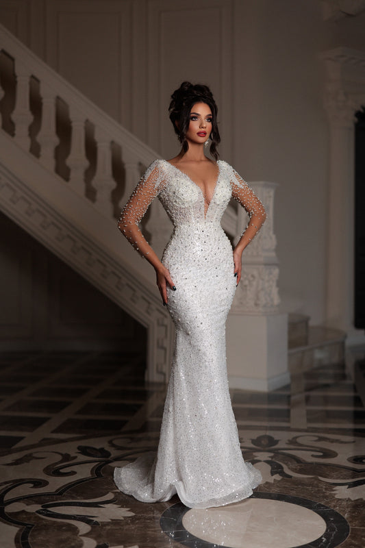 V-neck Cut Mermaid Bridal Dress with Long Sleeves
