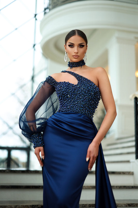 Elegant Dark Blue Satin Evening Dress