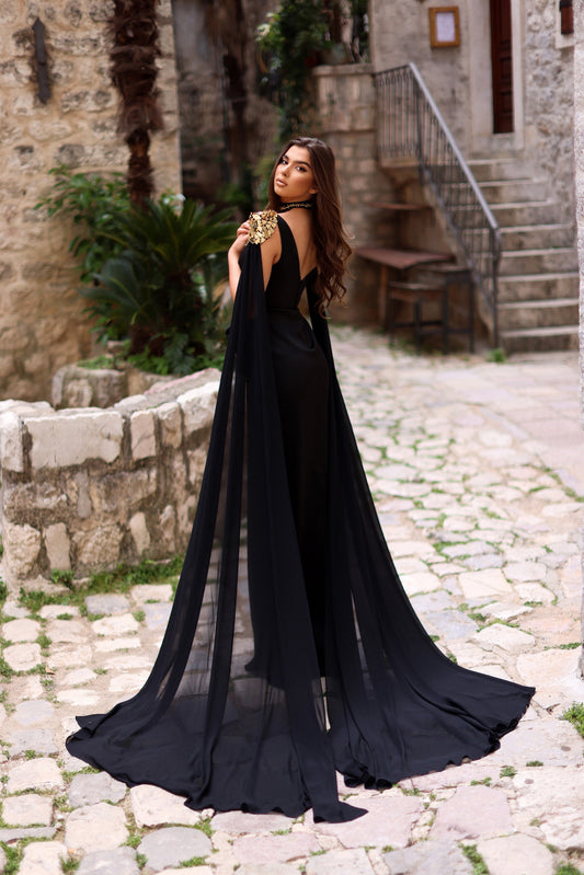 qendresa-evening-mermaid-custom made-fashion-designer-gorgeous-black-dress-beautiful-dream dress-special-occasion -stunning-mermaid dress-long-sleeves-golden pearls- golden mirrors-elegant dress-open leg mermaid dress-elegnace