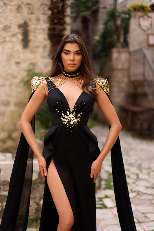qendresa-evening-mermaid-custom made-fashion-designer-gorgeous-black-dress-dream dress-special-occasion -stunning-mermaid dress-long-sleeves-golden pearls- golden mirrors-elegant dress-open leg mermaid dress-elegnace