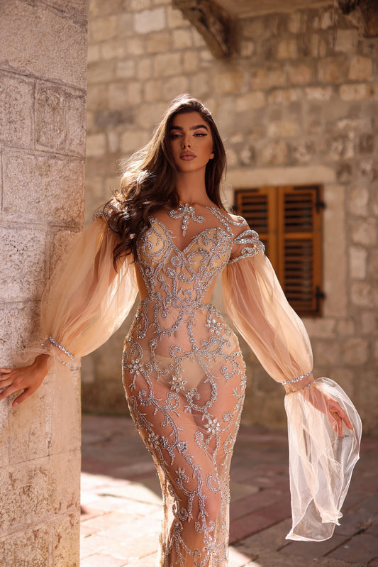 Divine Long Sleeve Evening Dress with Crystal Lace Qndresa Divine Long Sleeve Evening Dress with Crystal Lace Qndresa